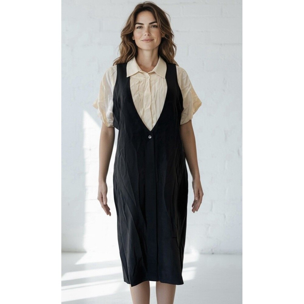 VTG Hattie Basile 100% Silk Shirt Dress Button Down Black-  white size 42 Italy
